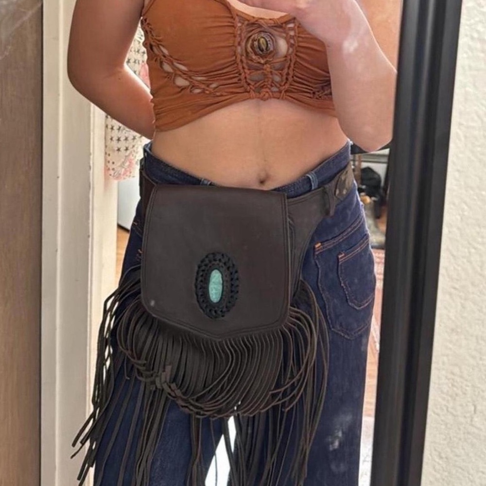 Brown handmade fringe festival belt bag with turquoise stone detail - Picture 1 of 6